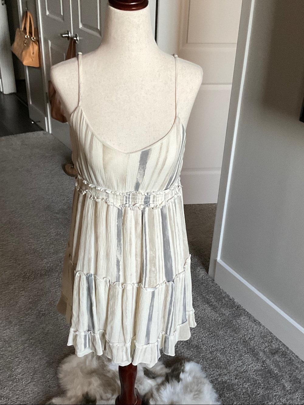 Cream and Light Gray Striped Tiered Spaghetti Strap Dress